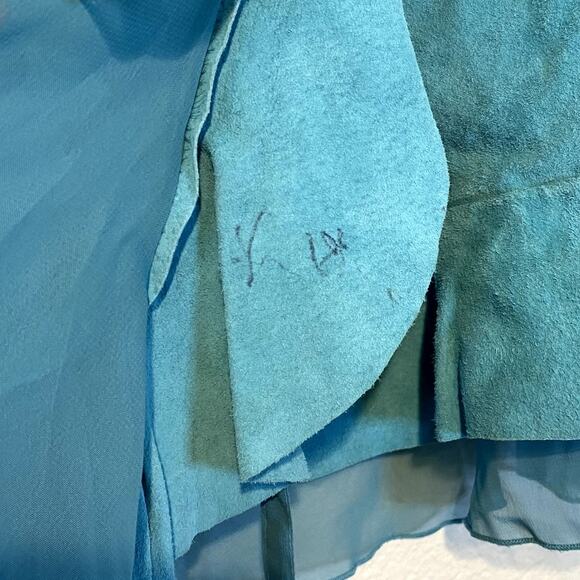 VTG Dialogue Teal Genuine Suede Leather Draped Chiffon Ruffled Jacket Size M Y2K - Picture 4 of 7